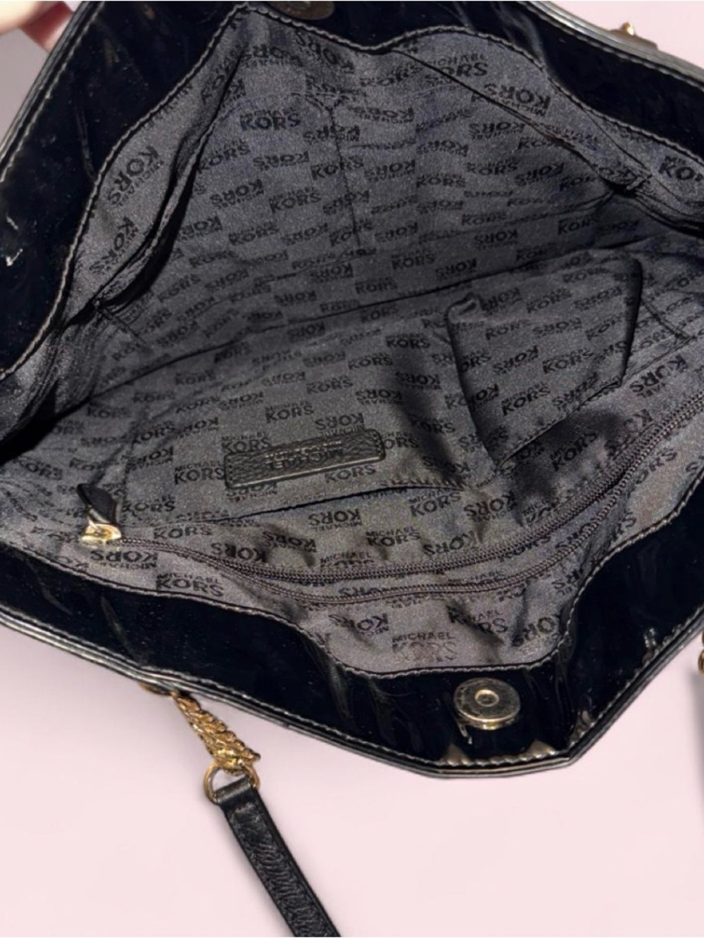 Michael Kors Black Patent MK Logo Tote with Gold Chain Accents - Picture 4 of 6